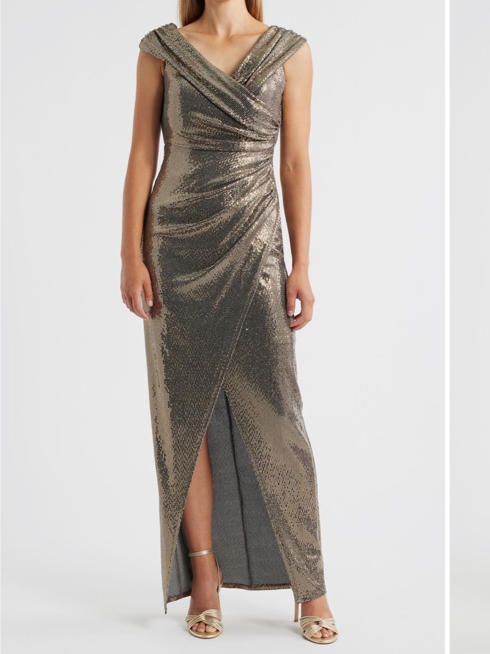 Vince Camuto Foil Knit Draped Off the Shoulder Sheath Gown